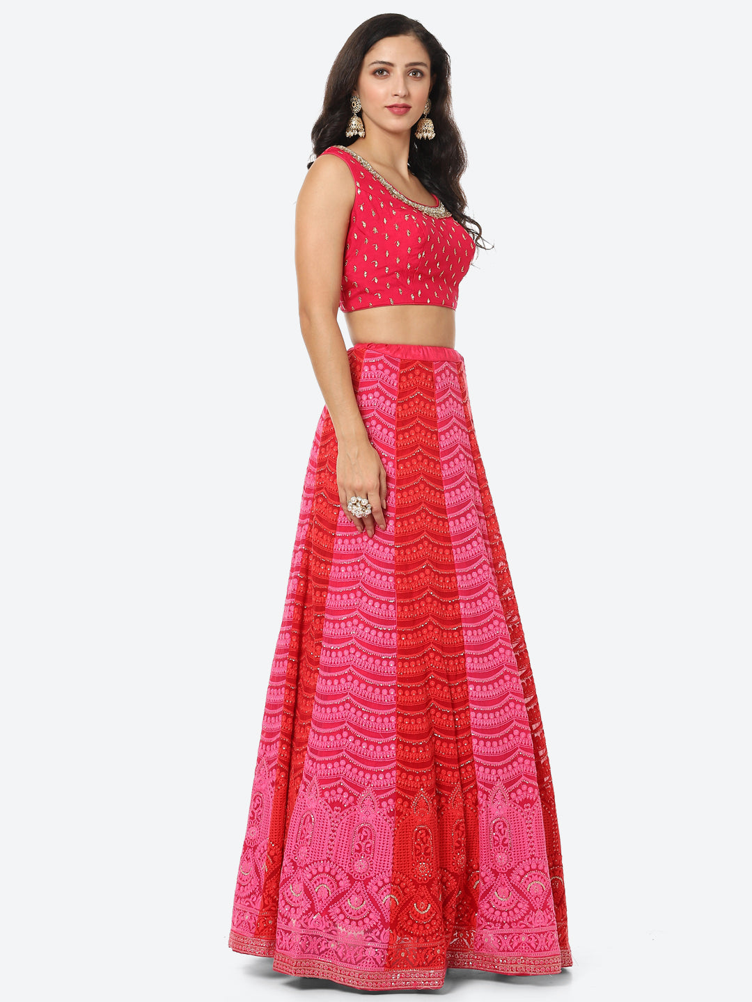 Embroidered Jaal Work Gerorgette Choli With Lehenga &amp; Net Dupatta