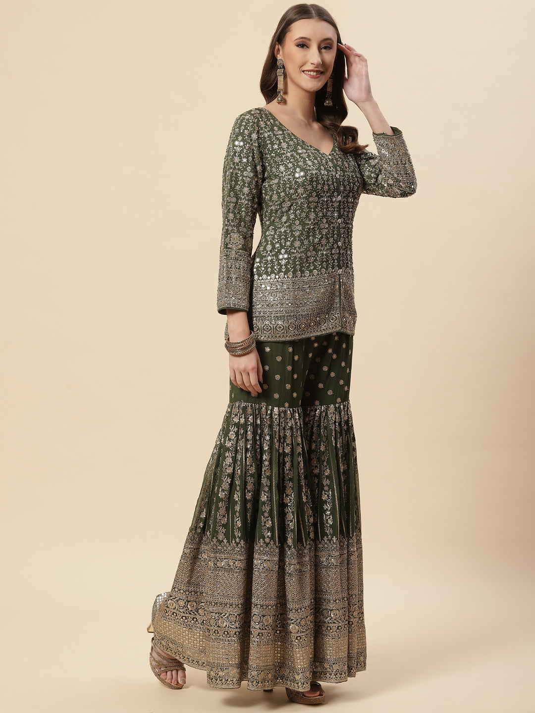 Sequin Resham Embroidered Georgette Crop Top With Jacket Garara &amp; Dupatta