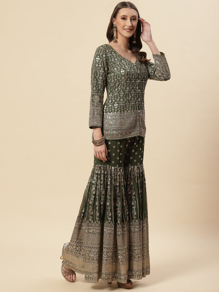 Sequin Resham Embroidered Georgette Crop Top With Jacket Garara &amp; Dupatta