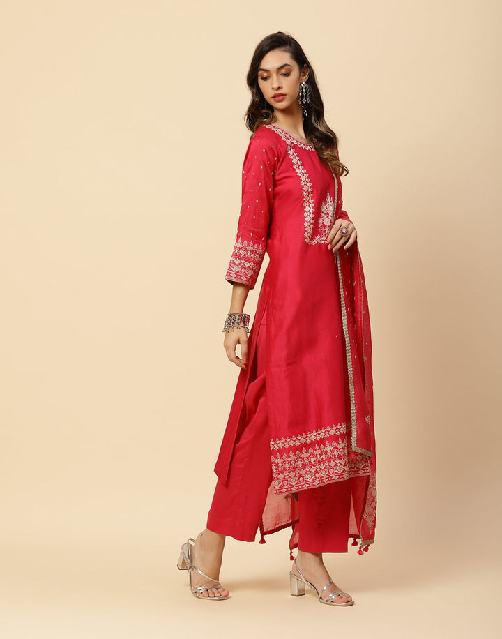 Embroidered Cotton Chanderi Salwar Kameez Stitched Suit With Chanderi Dupatta