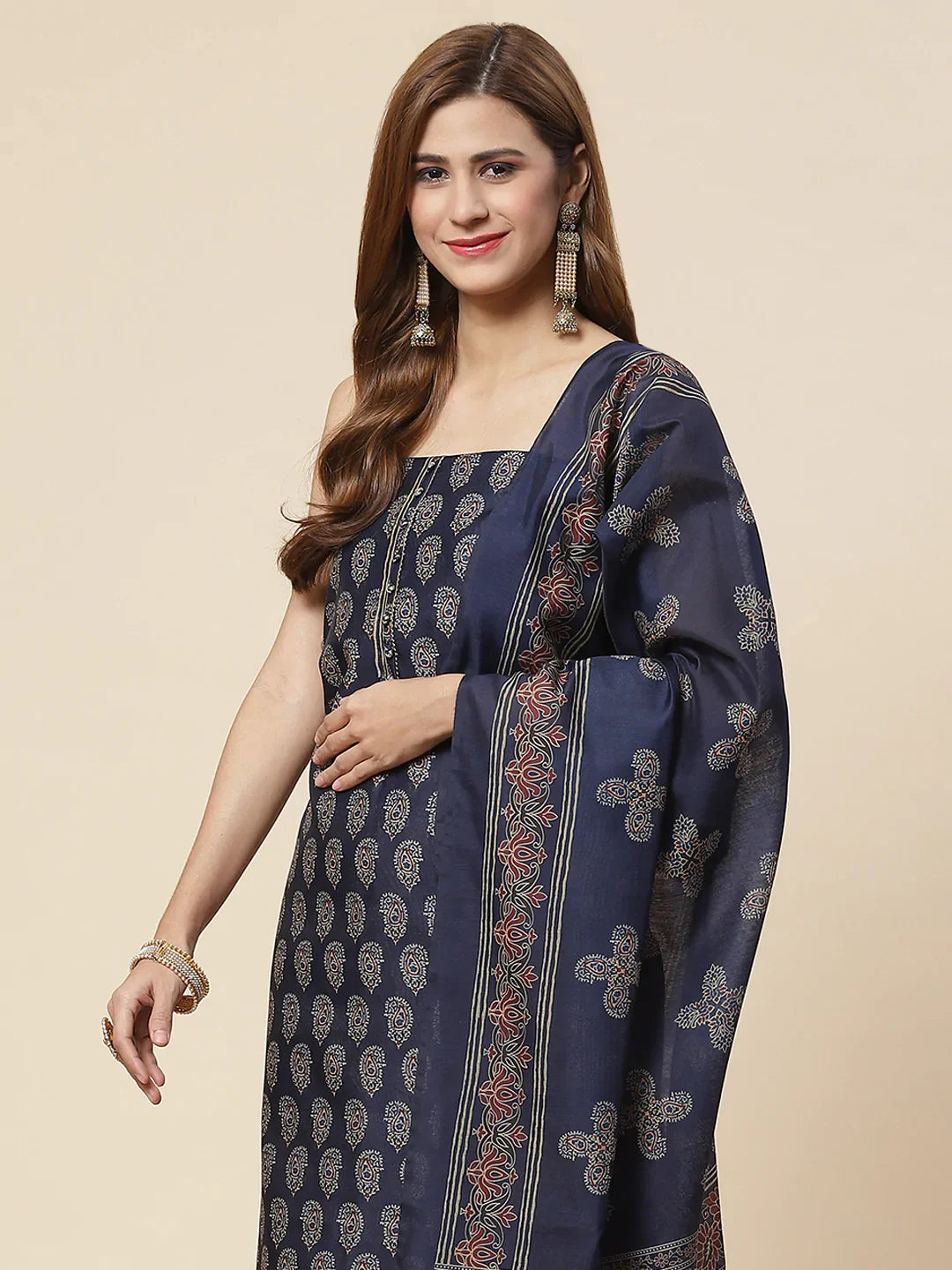 Indigo Printed Chanderi Unstitched Suit Piece With Dupatta