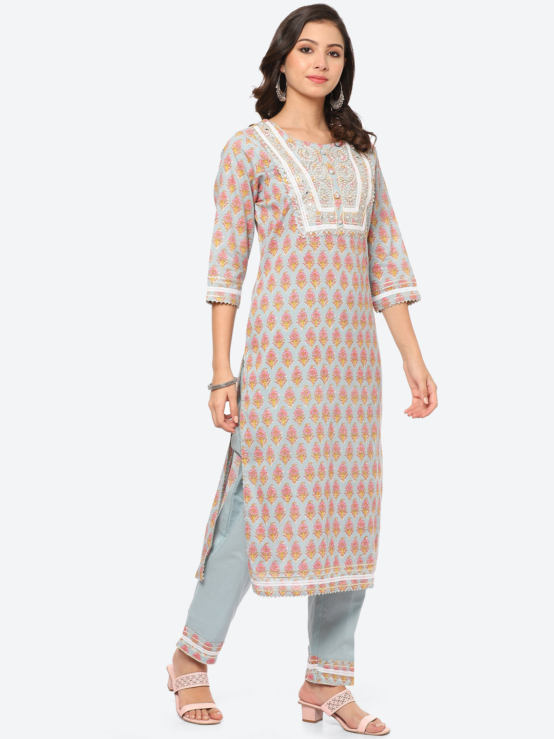 Zari Neck Embroidered Cotton Kurta With Palazzo