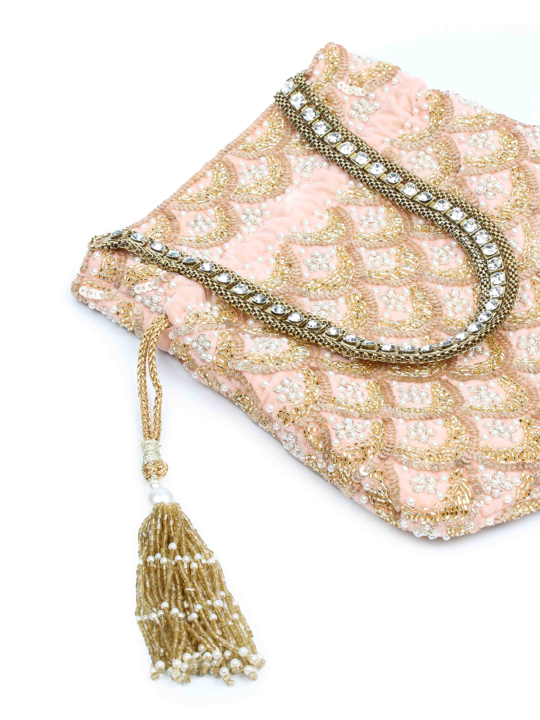 Golden Sequin &amp; Pearl Embroidered Potli Bag