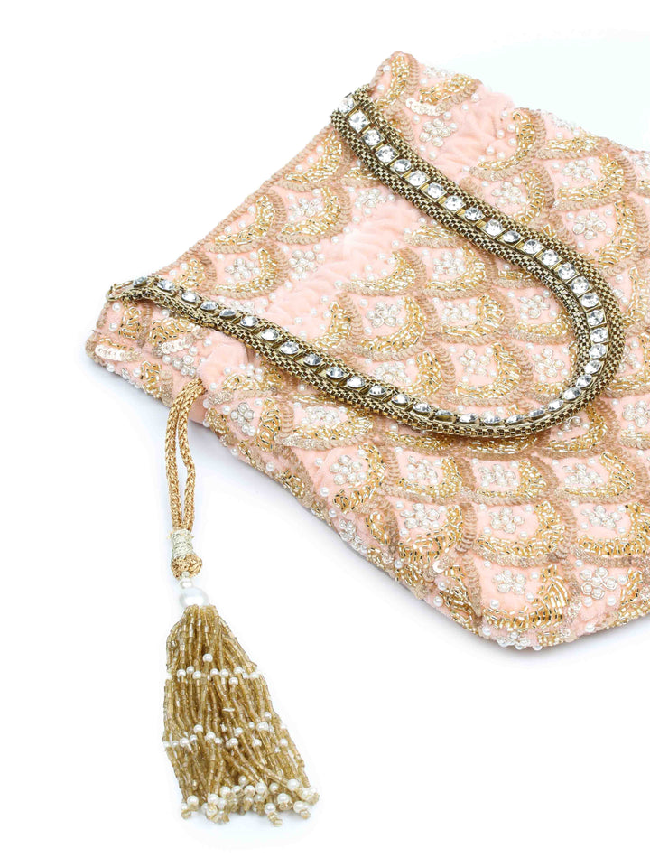 Golden Sequin &amp; Pearl Embroidered Potli Bag