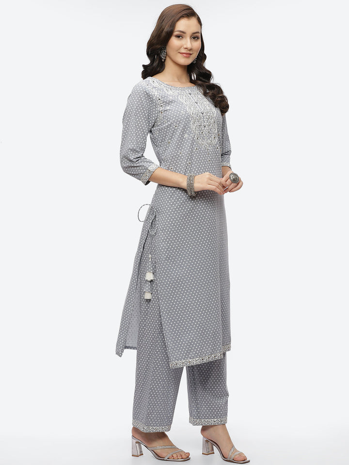Mirror Neck Embroidered Cotton Kurta With Palazzo