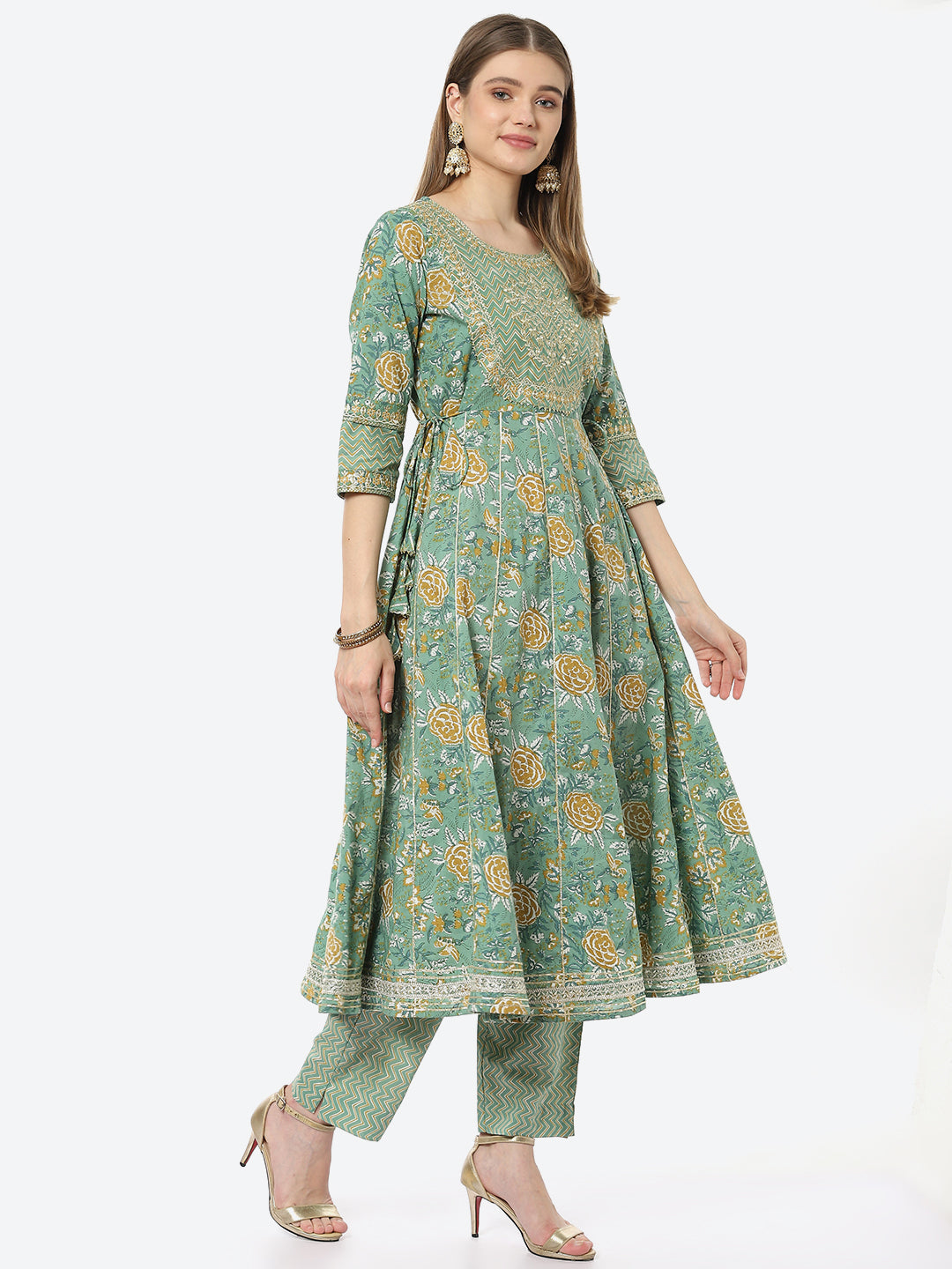 Zari Neck Embroidered Booti Printed Cotton Anarkali Kurta With Pant