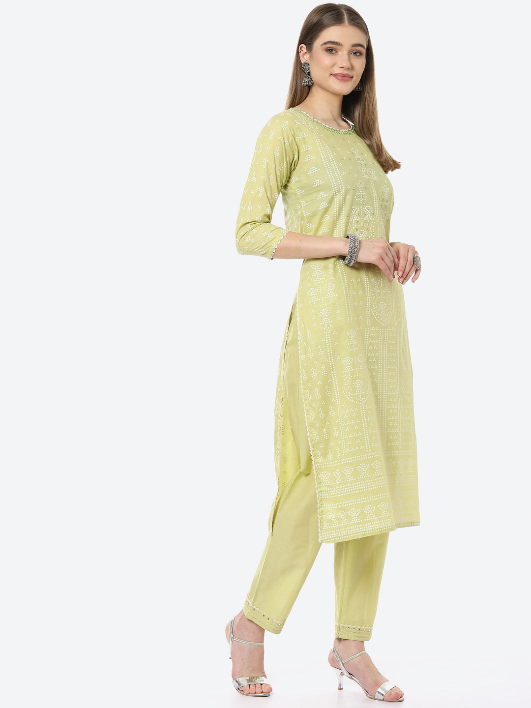 Bandhani Mirror Work Cotton Kurta With Pant &amp; Cotton Dupatta