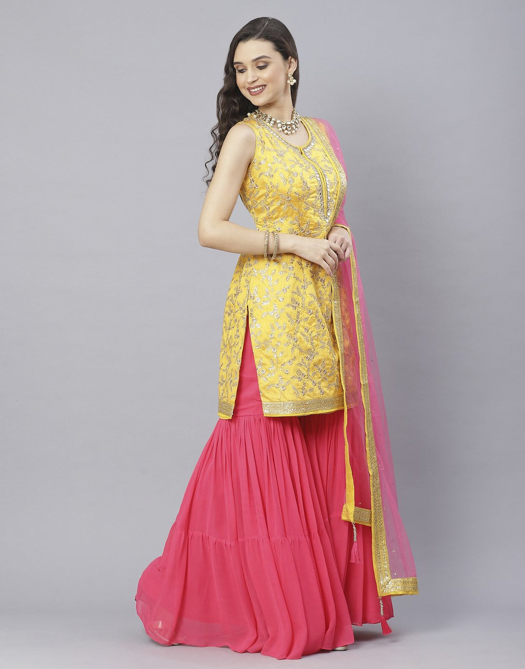 Mustard and Tomato Red Handloom Dupion Salwar Kameez