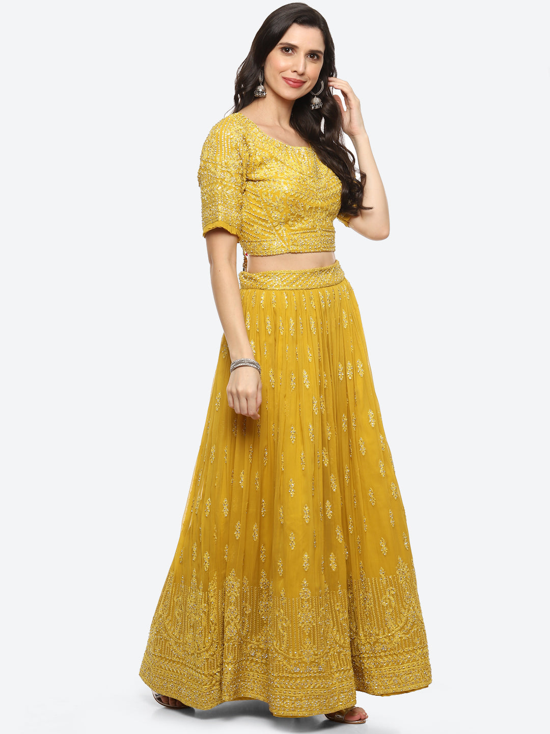 Resham Embroidered Georgette Choli With Lehenga &amp; Net Dupatta