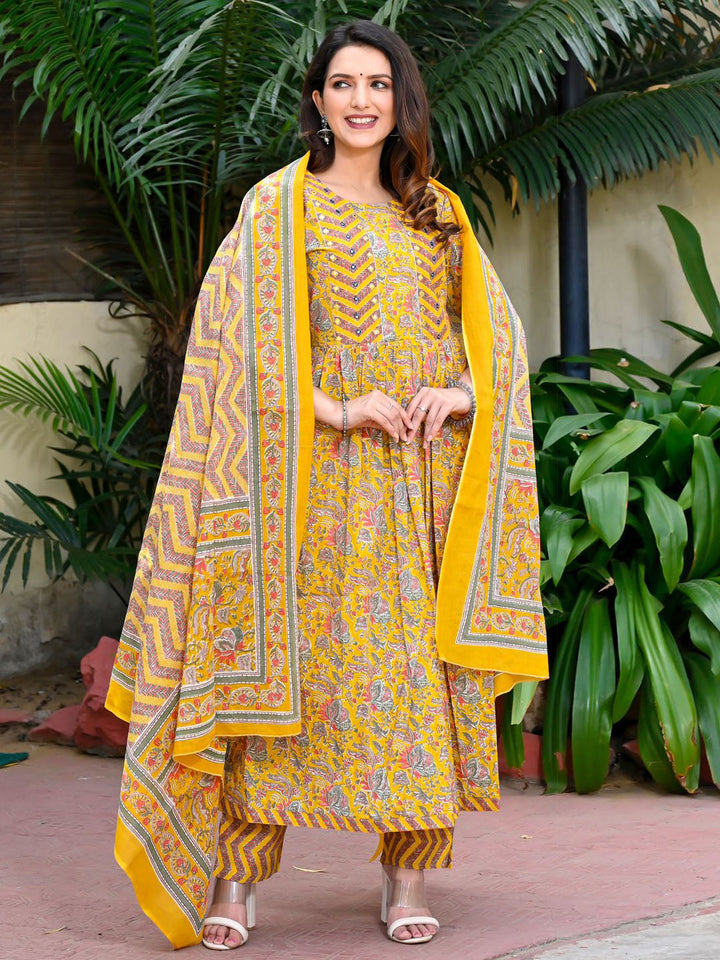 Floral Printed Cotton Kurta With Pants &amp; Dupatta