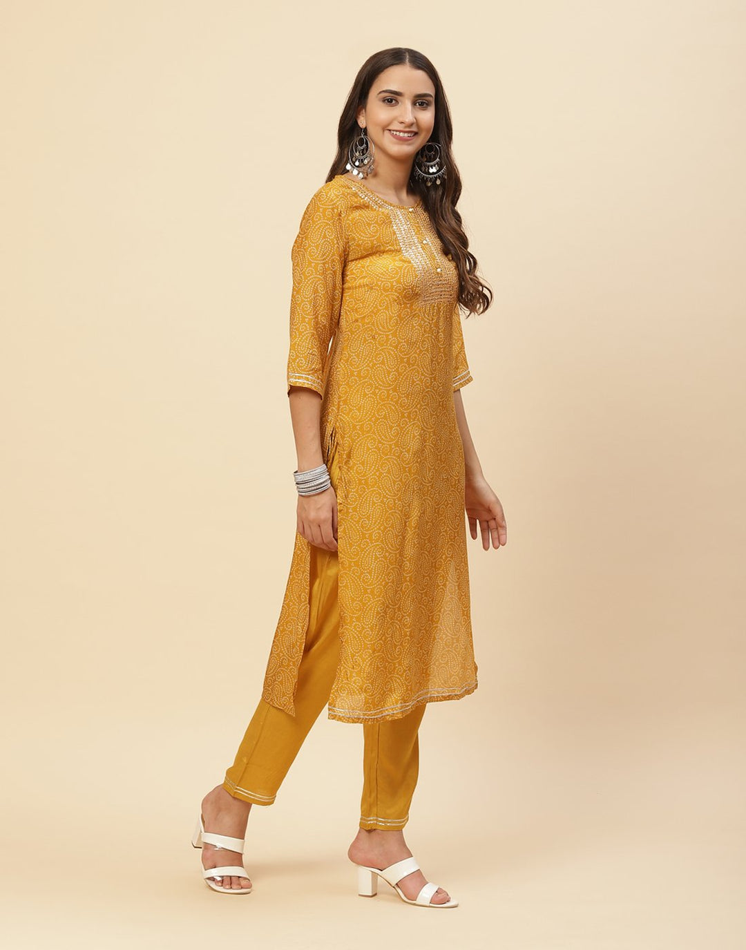 Mirror Work Printed Cotton Muslin Kurti With Pant