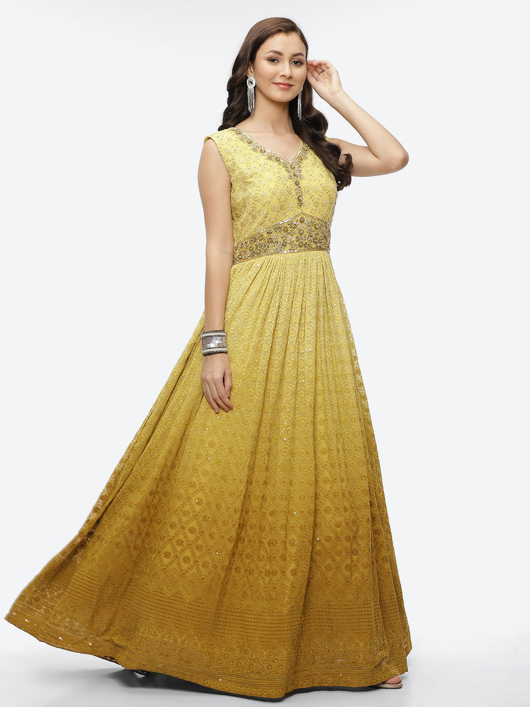 Embroidered Georgette Anarkali Kurta With Churidar &amp; Dupatta