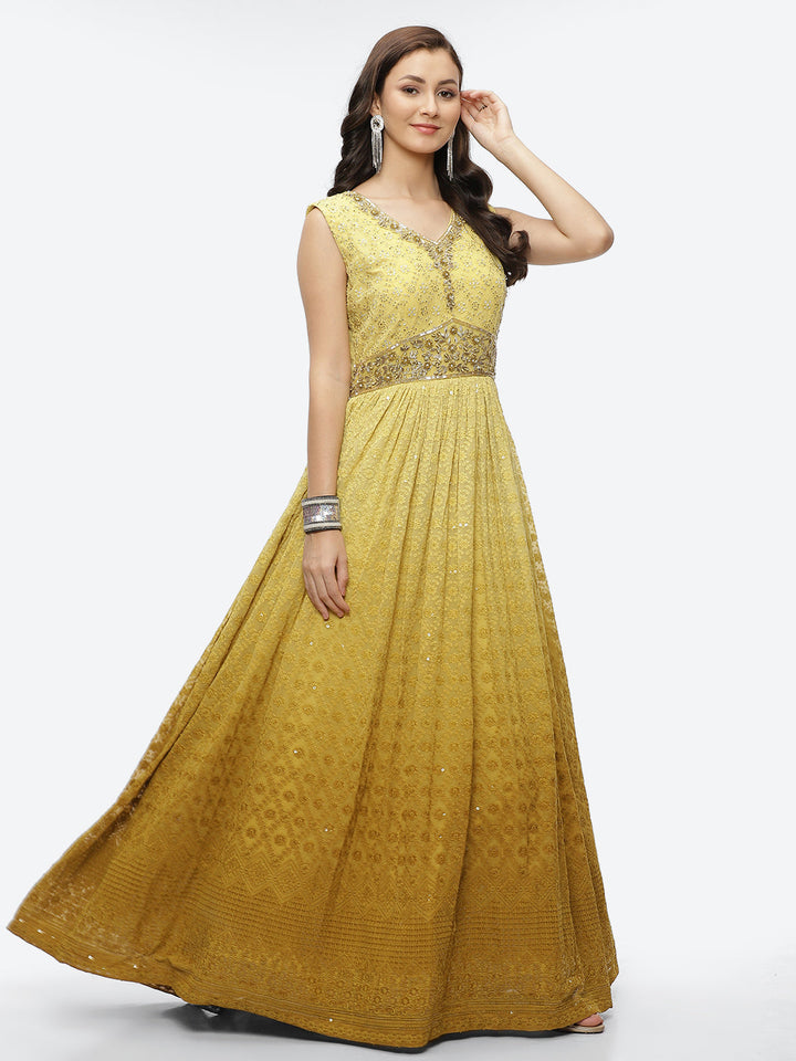 Embroidered Georgette Anarkali Kurta With Churidar &amp; Dupatta