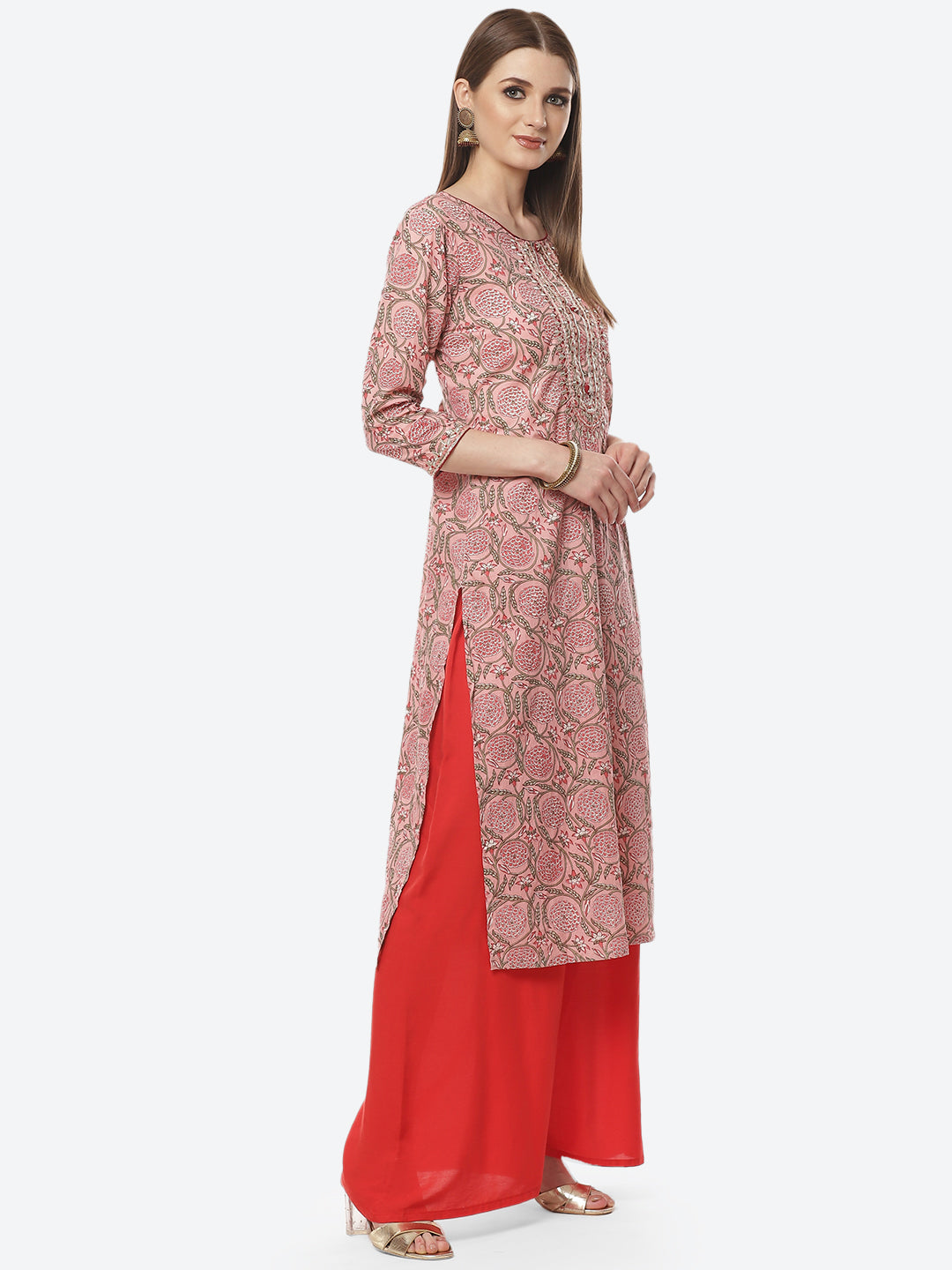Printed Neck Embroidered Cotton Kurti