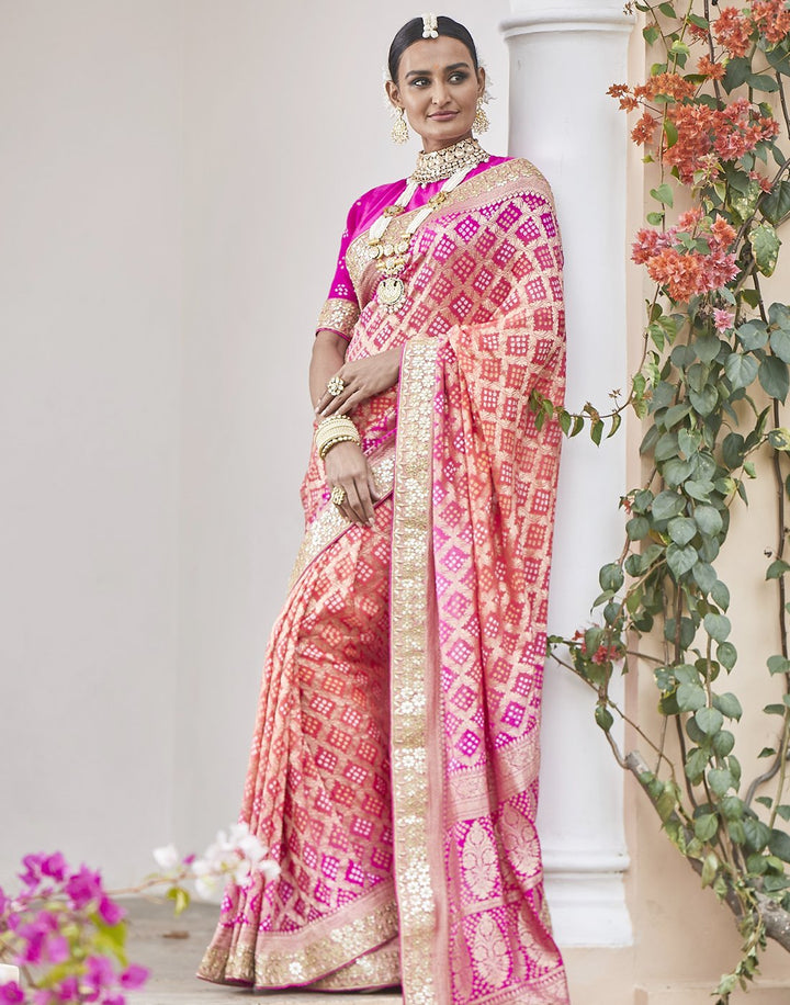 Rani Peach Banarasi Saree