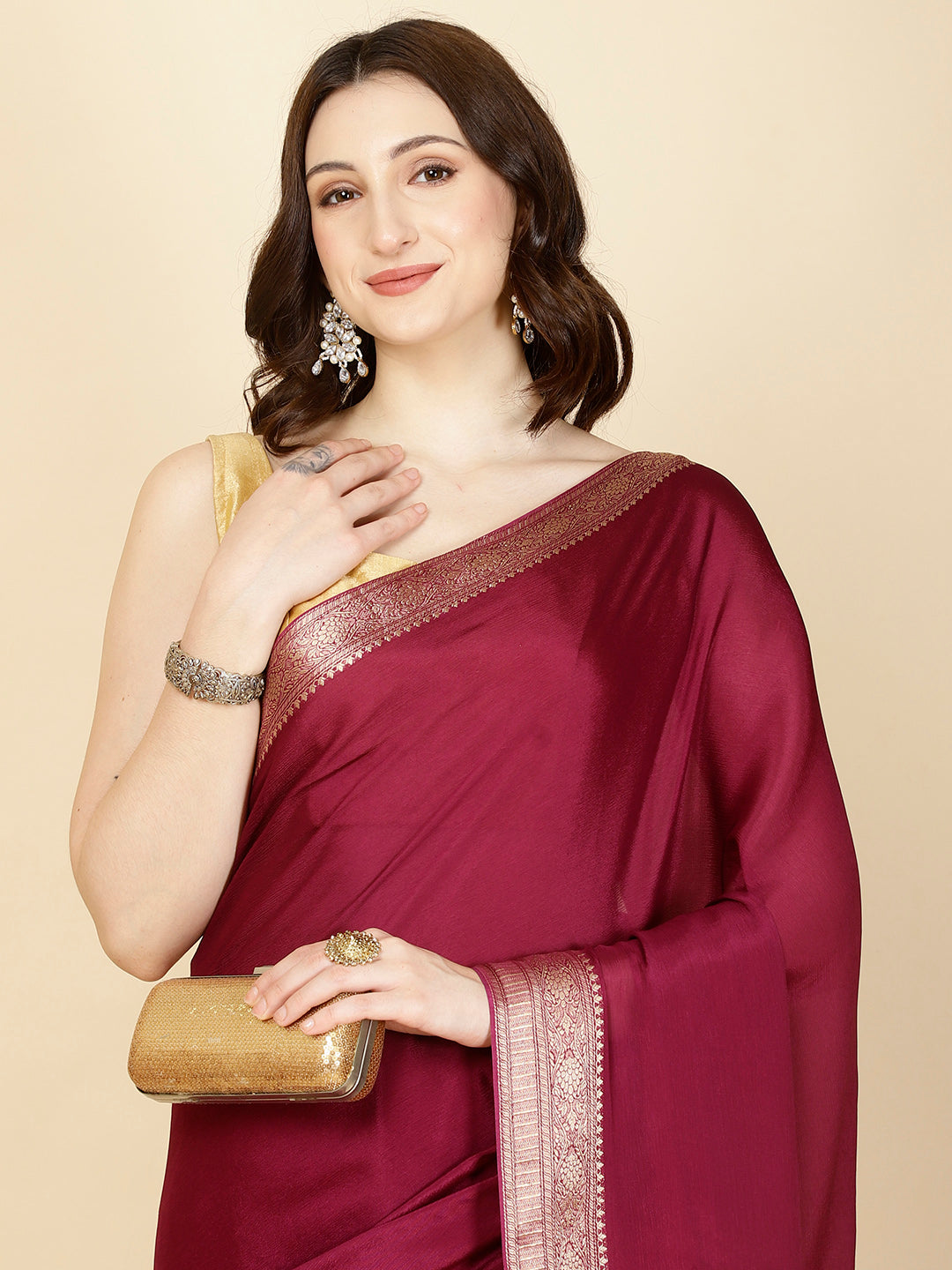 Plain Zari Border Crepe Saree