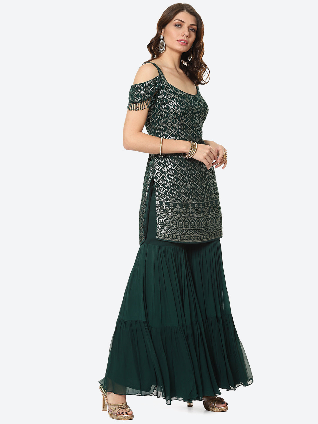 Sequin Georgette Kurti With Palazzo &amp; Georgette Dupatta