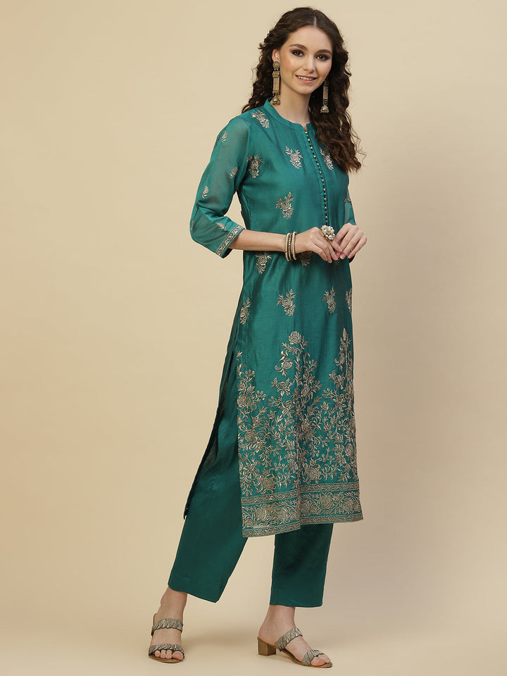 Zari Booti Cotton Kurta With Pants &amp; Dupatta