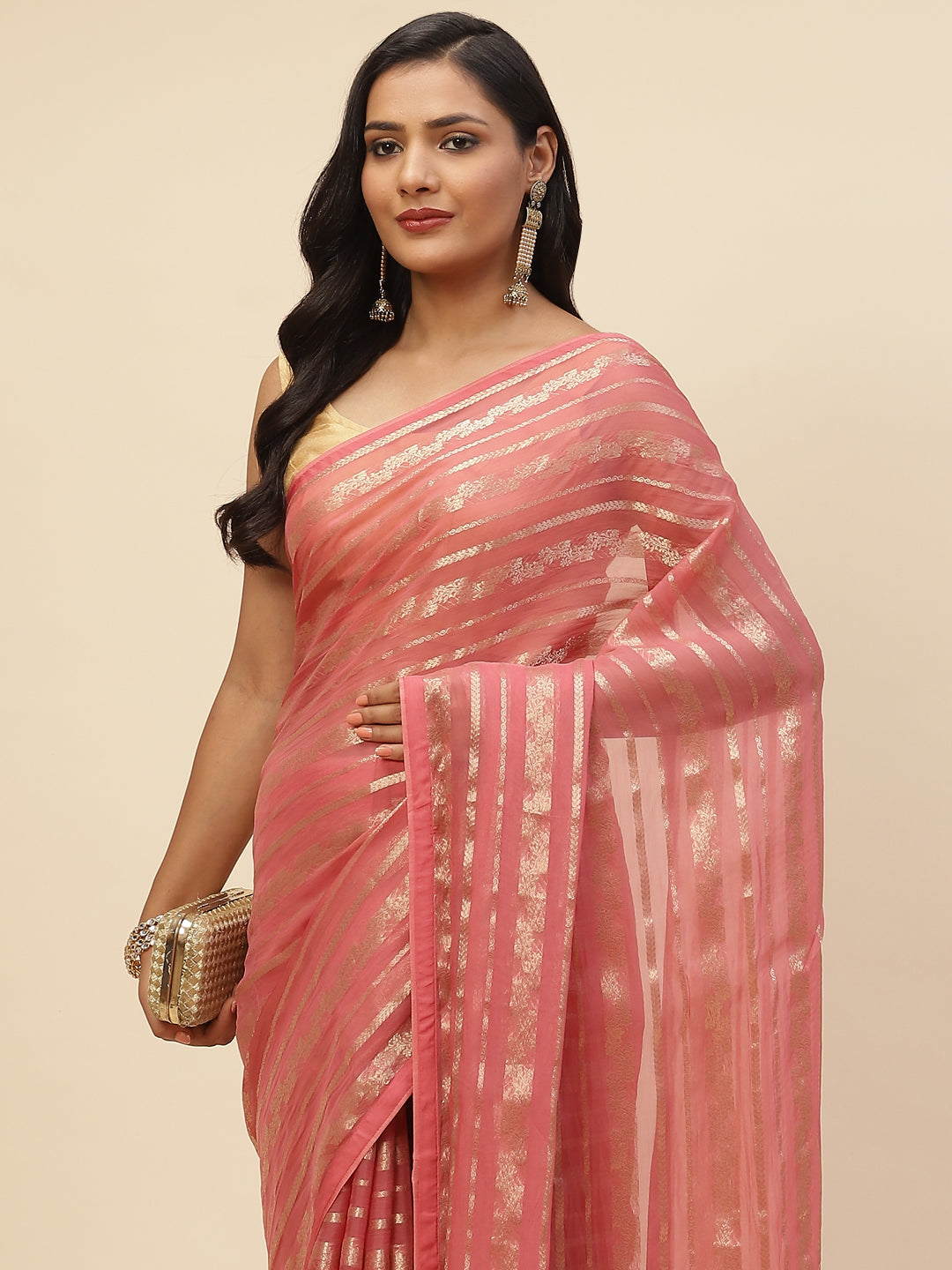 Zari Jaal Organza Plain Saree