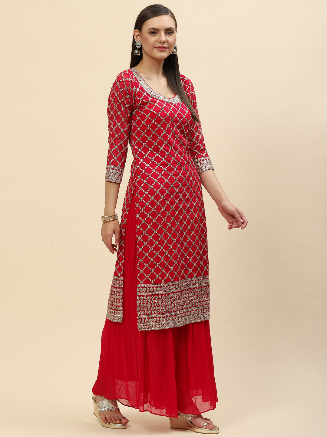 Zari Jaal Georgette Kurta With Palazzo &amp; Dupatta