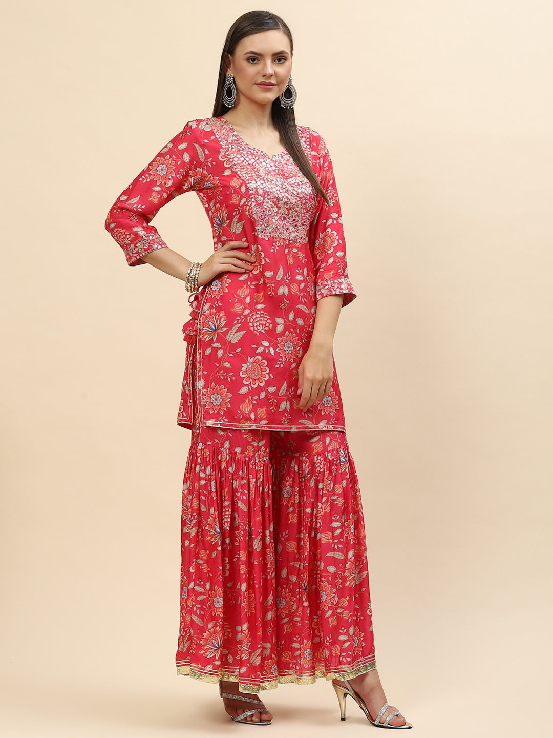 Floral Digital Printed Chanderi Kurta With Garara &amp; Dupatta