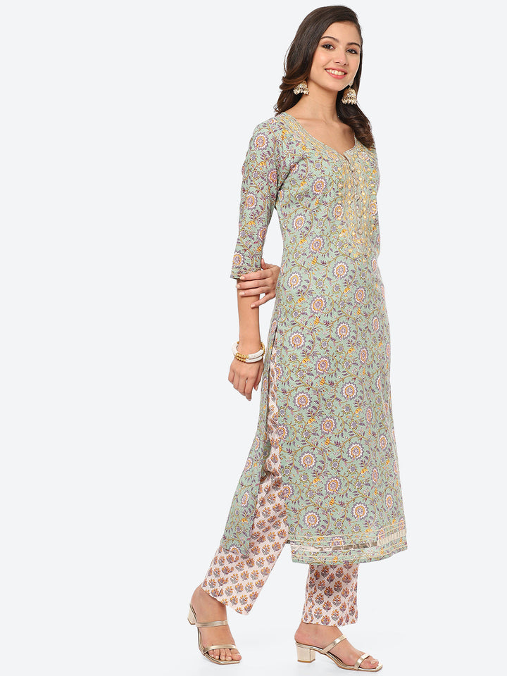 Resham Work Printed Cotton Kurta With Pant