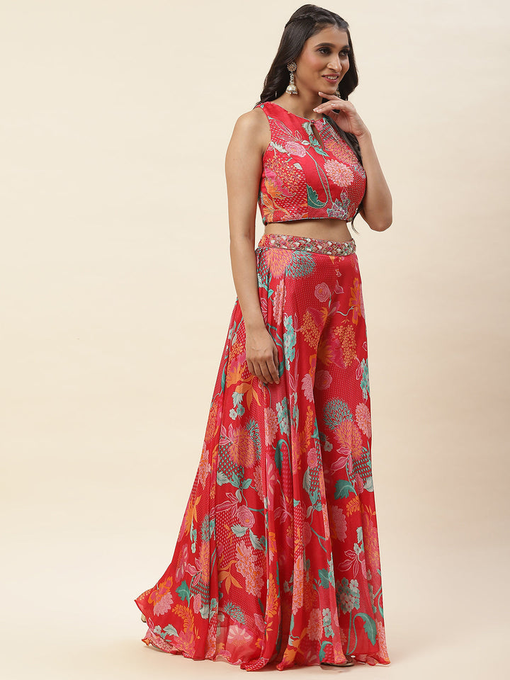 Floral Printed Crepe Crop Top With Palazzo &amp; Dupatta