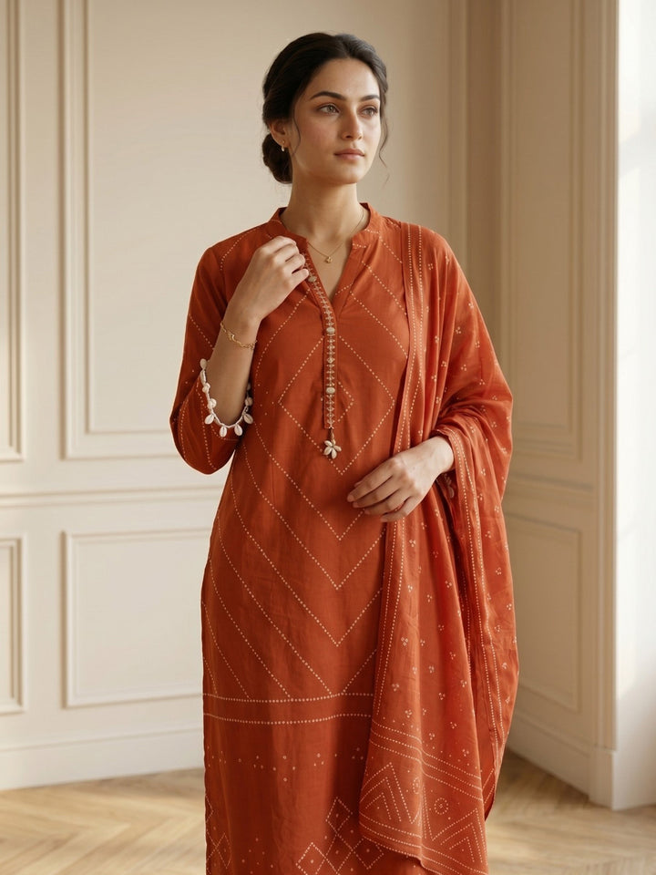 Rust Embroidered Cotton Blend Straight V Neck Suit Set