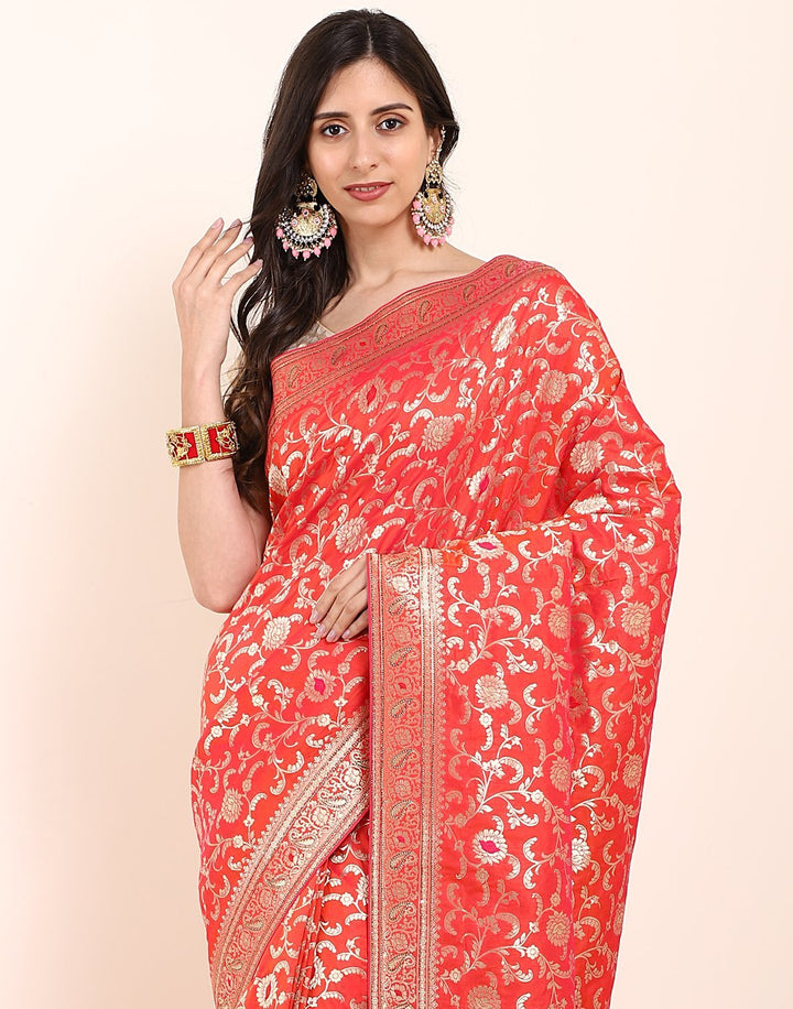 MBZ Meena Bazaar-Orange Banarasi Art Handloom Saree