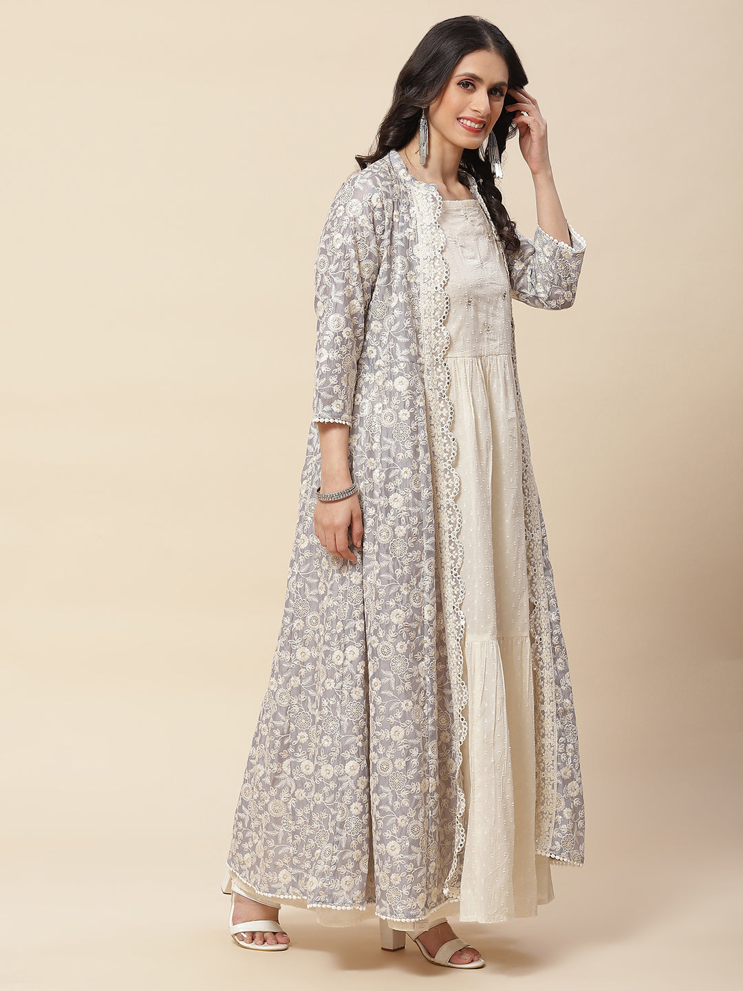 Embroidered Cotton Gown With Jacket
