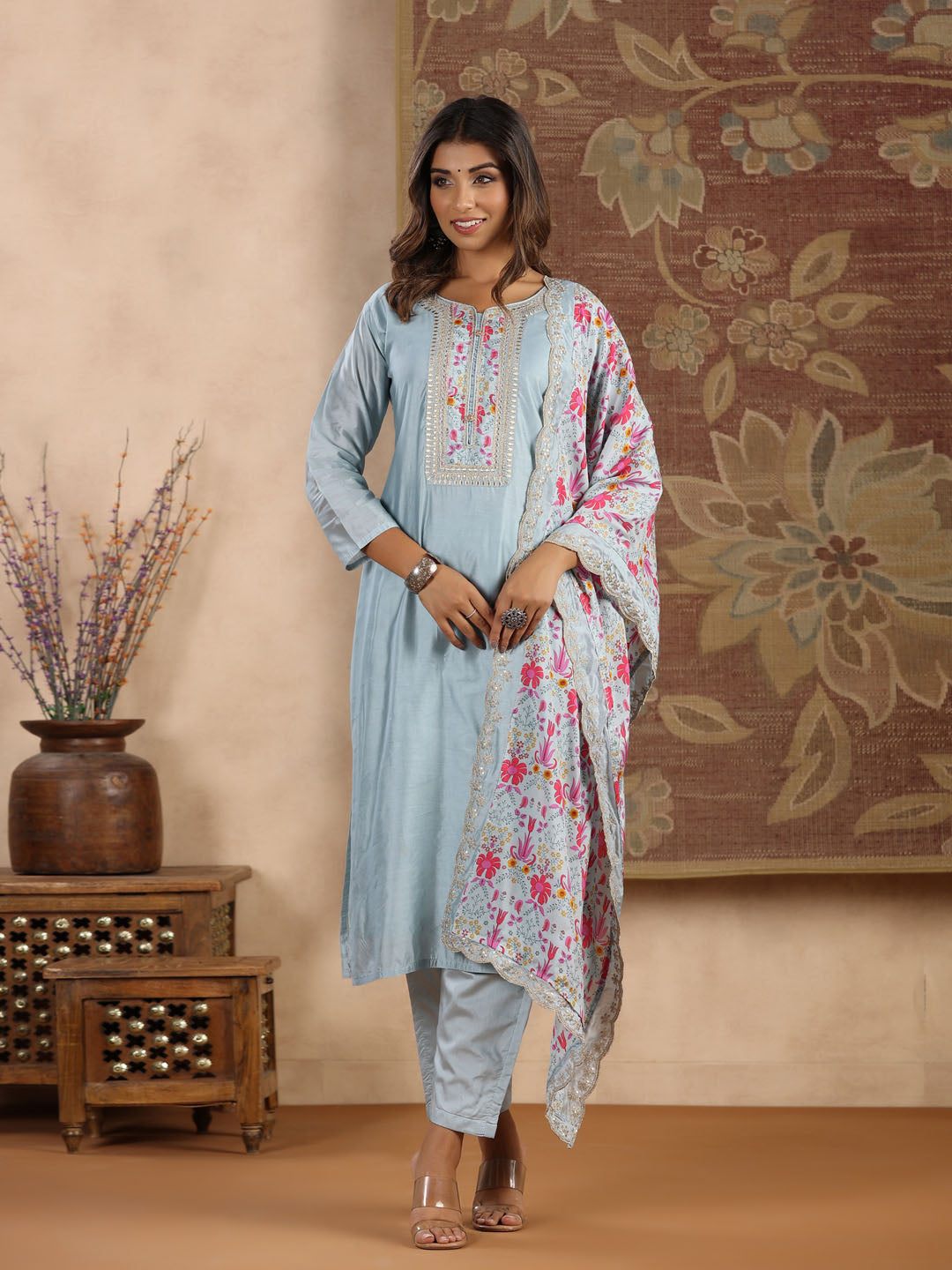 Neck Embroidered Chanderi Kurta With Pants &amp; Dupatta