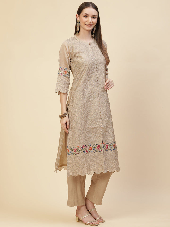 Zari Embroidered Cotton Kurta With Pants &amp; Dupatta