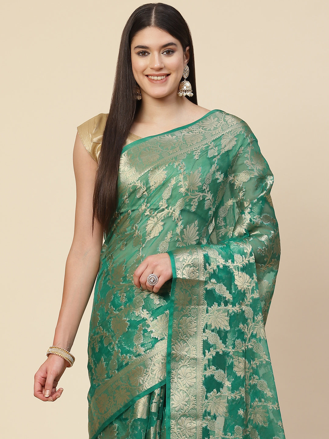 Floral Zari Jaal Organza Woven Saree