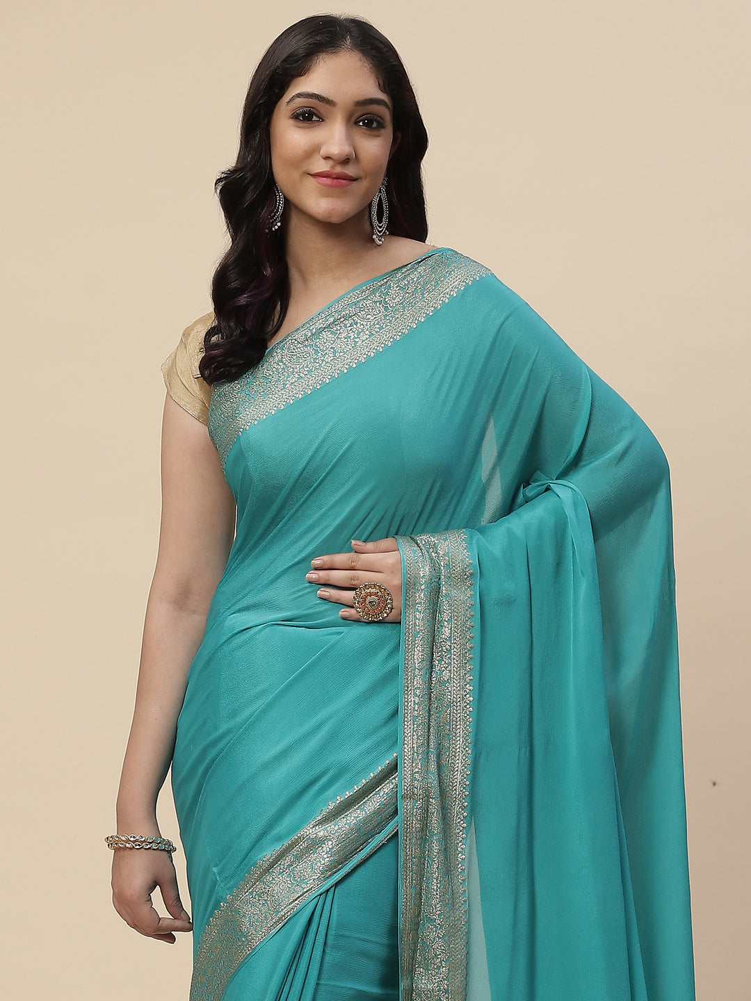 Zari Border Crepe Plain Saree