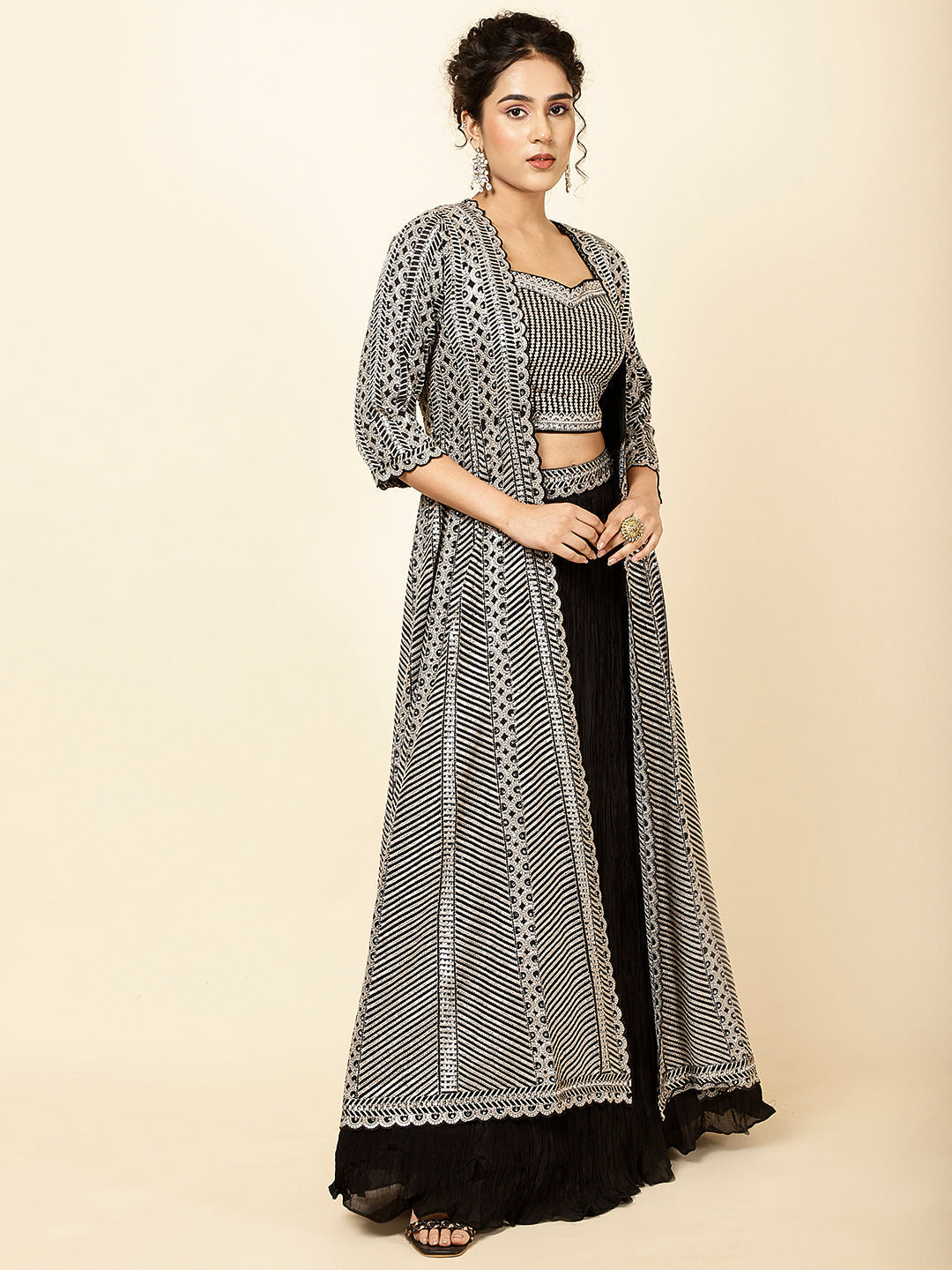 Sequin Embroidered Crepe Choli With Lehenga &amp; Jacket
