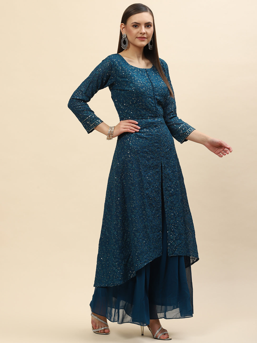 Sequin Embroidered Georgette Kurta With Palazzo &amp; Dupatta