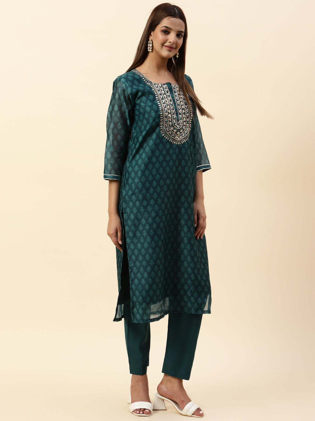Printed &amp; Neck Embroidered Chanderi Kurta With Pants