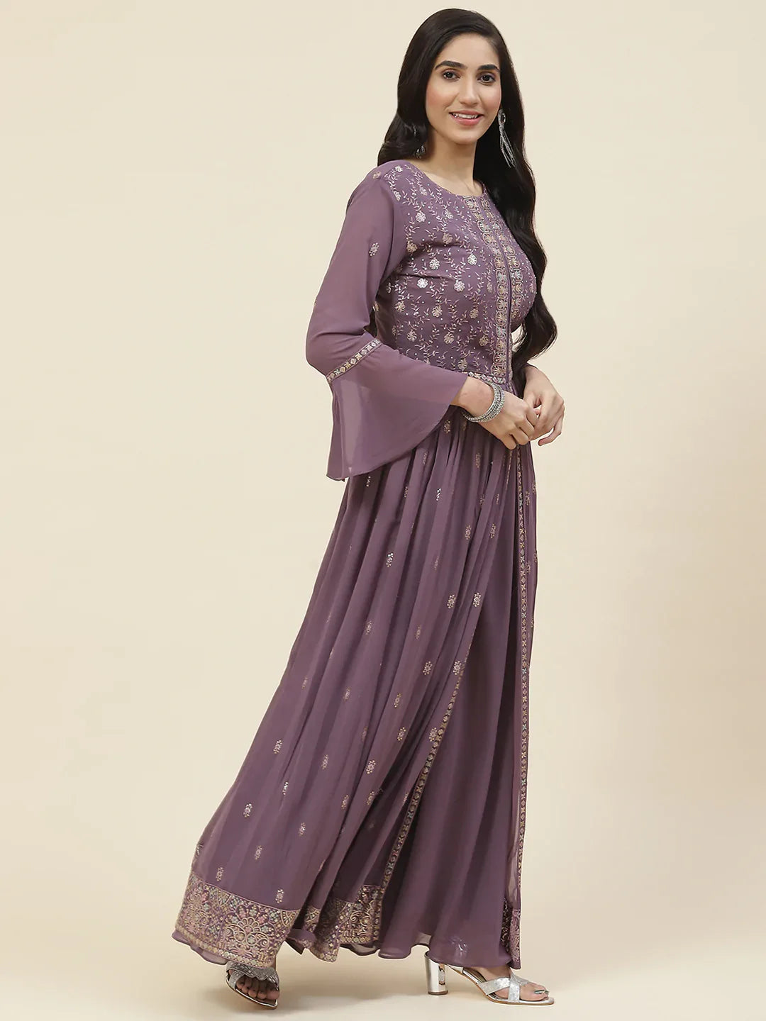 Sequin Embroidered Georgette Kurta With Palazzo &amp; Dupatta