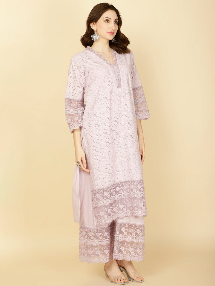 Thread Embroidery Cotton Kurta With Pants