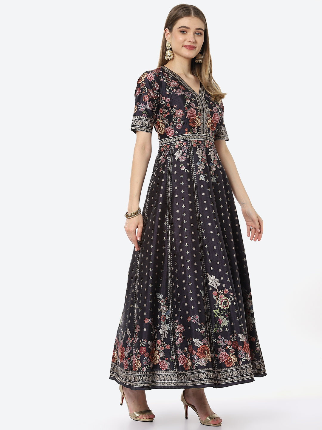Digital Floral Printed Anarkali Kurta With Churidar &amp; Georgette Dupatta