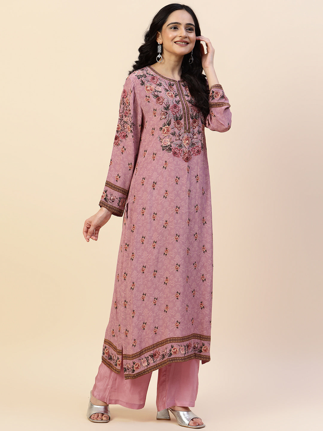 Digital Printed Crepe Kurta With Palazzo &amp; Dupatta