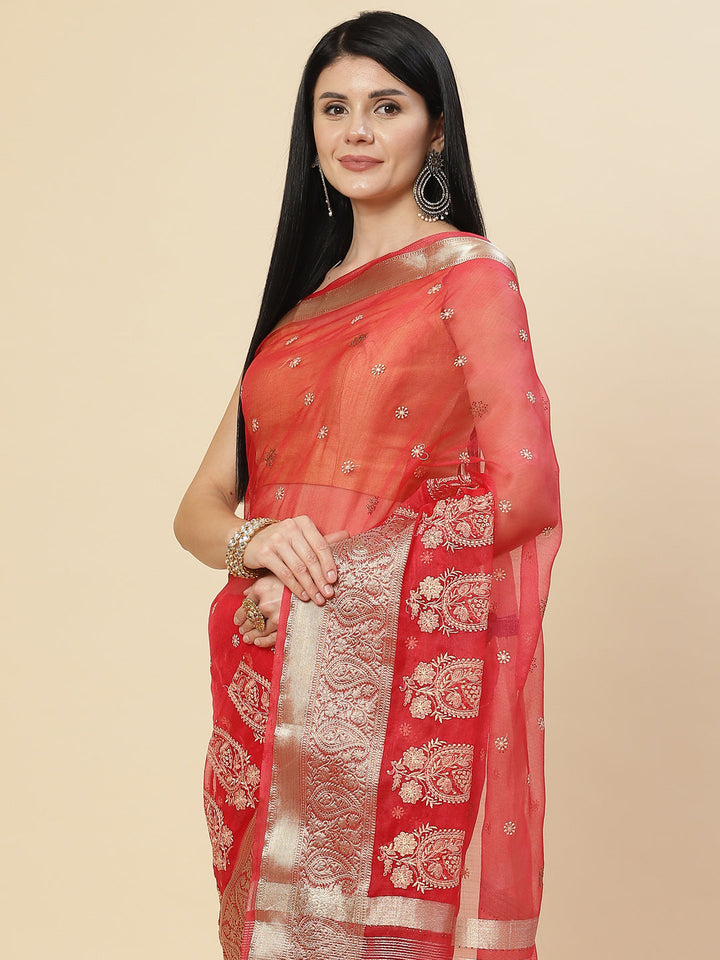 Embroidered Booti Organza Plain Saree