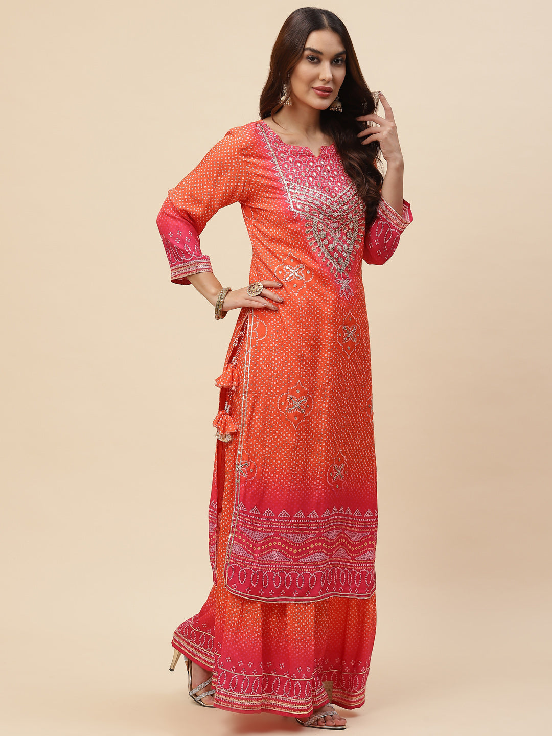Bandhani Printed Muslin Kurta With Sharara With Dupatta