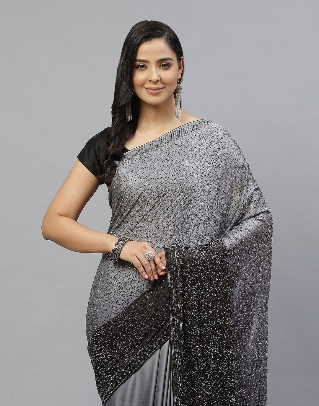 Embroidered Satin Stone Work Saree
