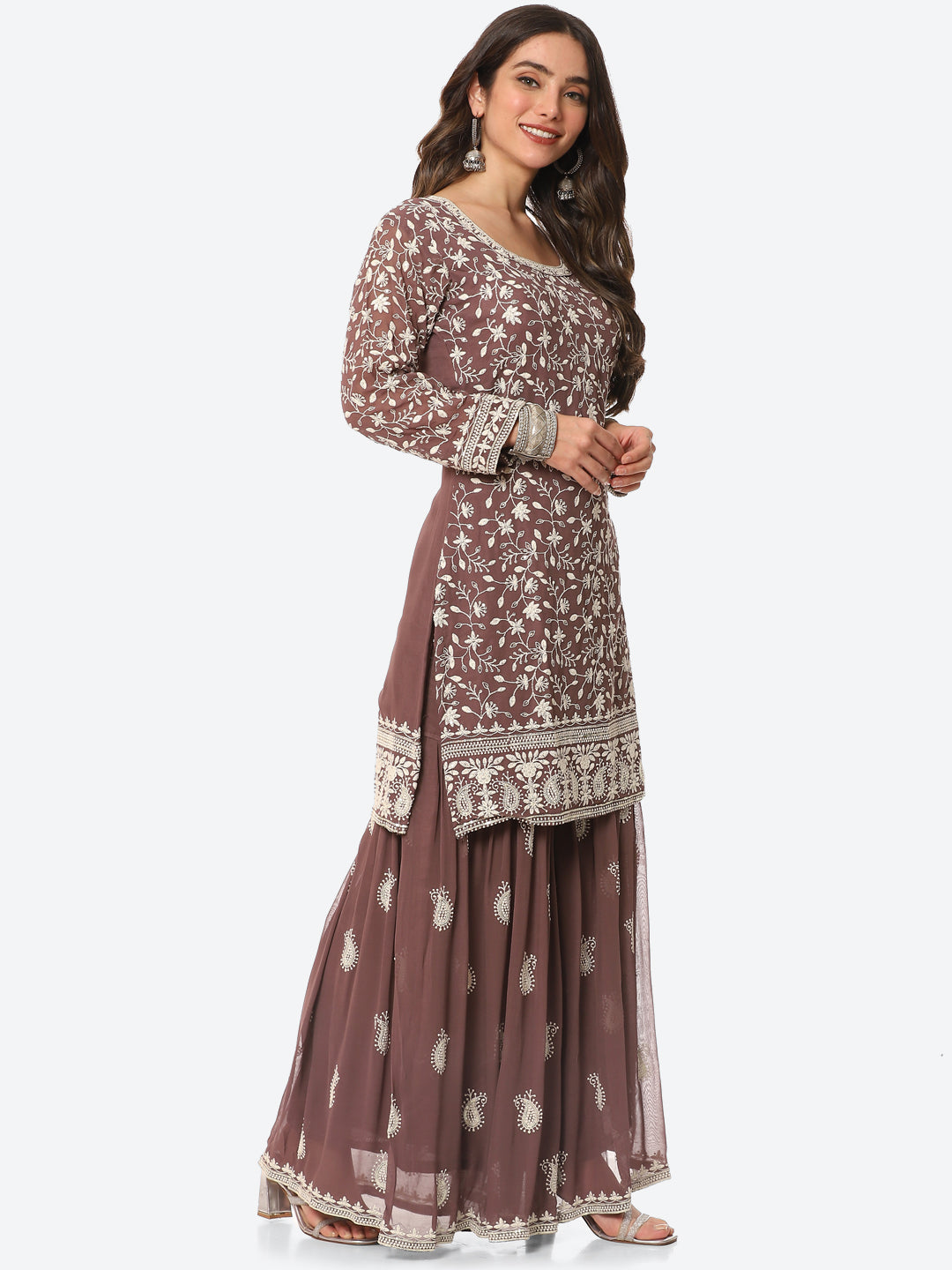 Resham Embroidered Georgette Kurta With Garara &amp; Dupatta