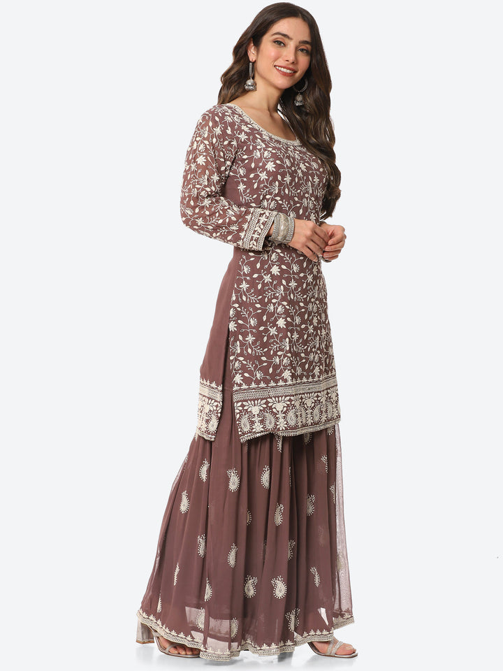 Resham Embroidered Georgette Kurta With Garara &amp; Dupatta