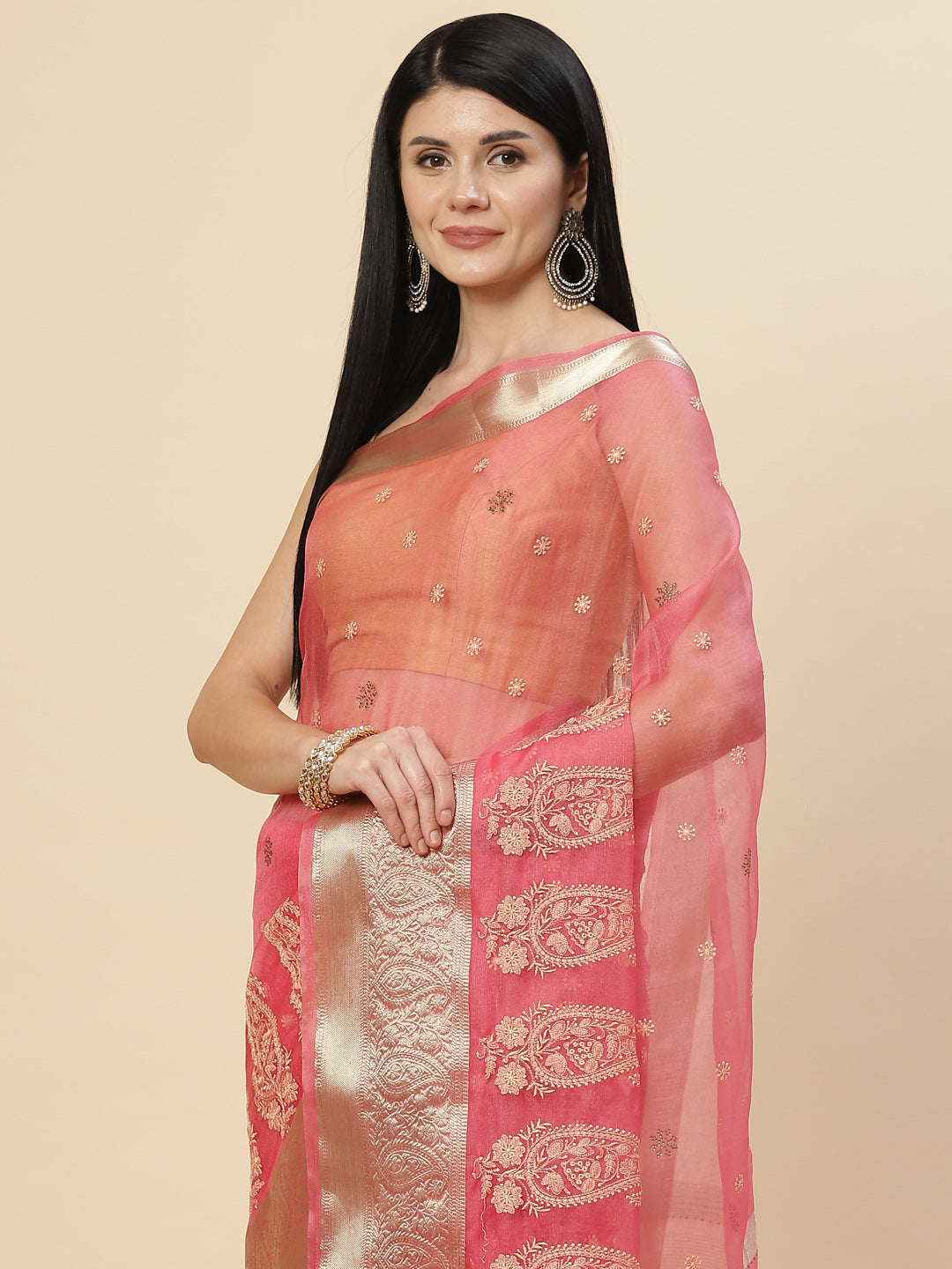 Embroidered Booti Organza Plain Saree