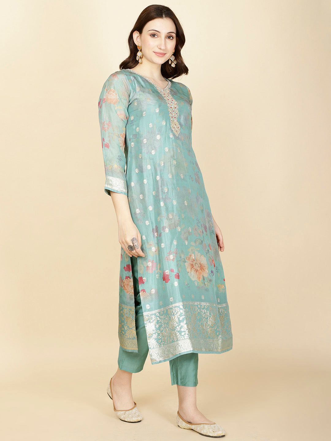 Floral Printed &amp; Woven Organza Kurta With Pants &amp; Dupatta