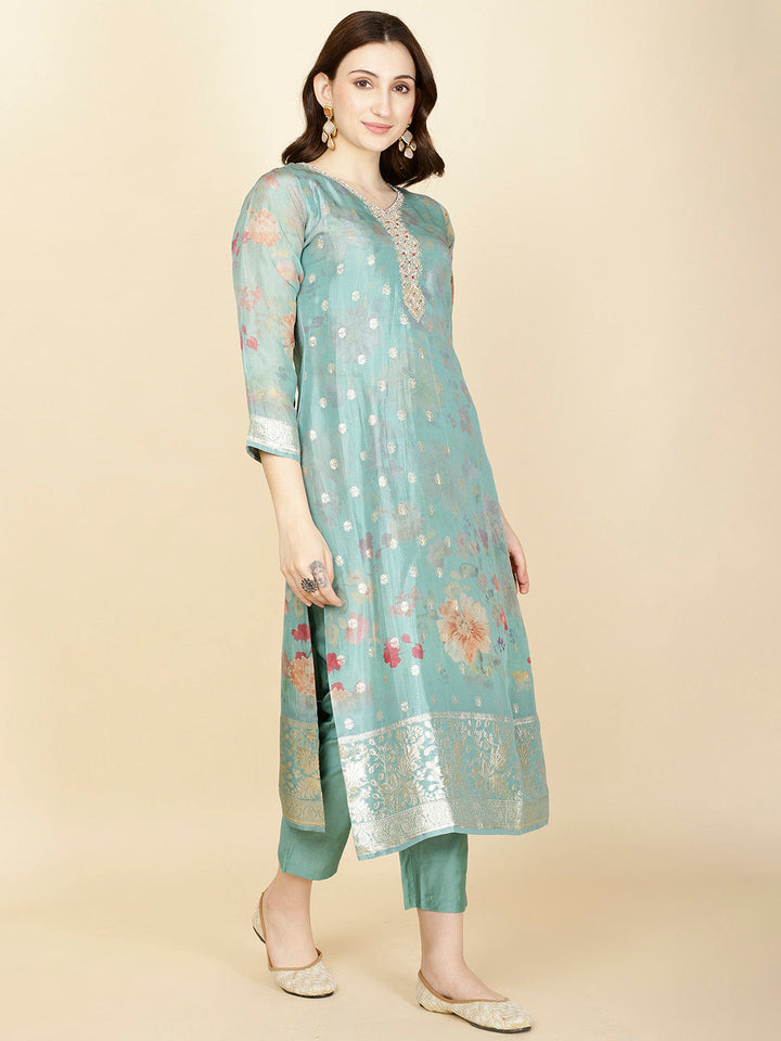 Floral Printed &amp; Woven Organza Kurta With Pants &amp; Dupatta