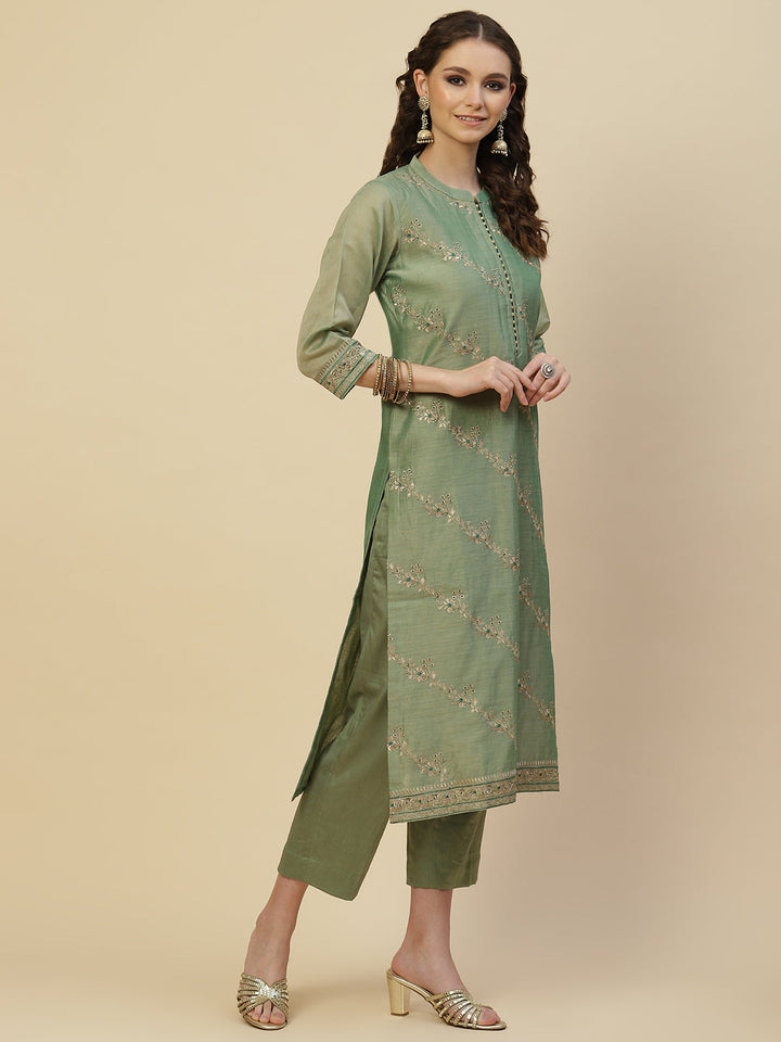 Zari Booti Cotton Kurta With Pants &amp; Dupatta